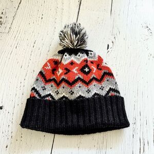 American Eagle - Black and Red Fairisle Pom Pom Toque